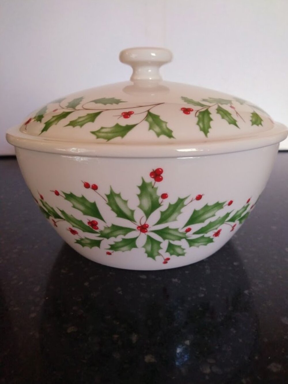 Lenox Christmas Bowl Covered Porcelain Serving Dish Holly Berries Holiday
